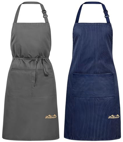 Viedouce 2 Pack Schürze,Wasserdicht Kochschürze mit Taschen,Verstellbarem Küchenschürze Grillschürze latzschürze Küchenschürze für Frauen Männer Chef-Belastbar & Einfach zu Reinigen,Marineblau & Grau