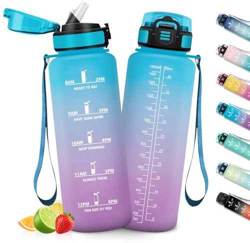 HoneyHolly Botella Agua 1,5 Litro, Botella Agua Gimnasio sin BPA con Marcador de Tiempo, Plastico Botella de Agua Deportiva Motivacional, con Pajita, Cantimplora para Gimnasio, Colegio, Bicicleta