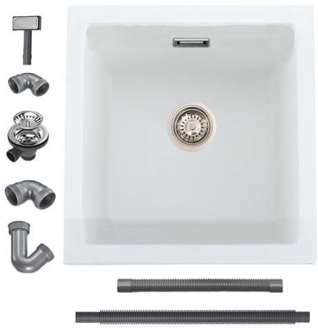 iAnomla Fregadero de cocina de cuarzo, 40 x 45 x 20 cm, color blanco, de cuarzo con rebosadero, lavabo individual profundo