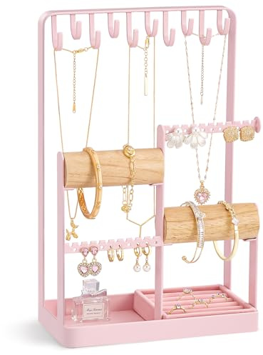Lolalet Porte Bijoux, Presentoir Bijoux Femme Fille, Porte Boucles d’Oreilles, Colliers, Bracelets, avec Plateau Bagues, Support Bijoux en Métal et Bois -Rose