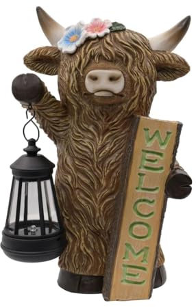 Solarbetriebenes Hochlandkuh mit Solarlaterne, braunes Tier-Gartenornament mit Blumen-Akzenten, Holzschild Welcome, Haustür/Terrasse/Gartendekoration, einzigartiges Einweihungsgeschenk für