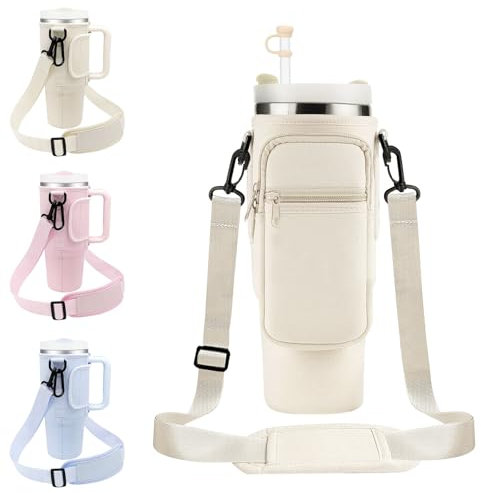 EOAMGO Stanley Cup Bag 40oz, Water Bottle Bag with Phone Pocket & Adjustable Shoulder Strap, Stanley Cup Holder with Straw Cover for Walking Travel (White, 40oz)