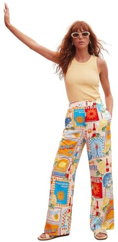 Roman Originals Sunshine Print Wide Leg Trouser for Women UK - Ladies Everyday Holiday Spring Summer Comfy Soft Evening Vacation Work Party - Ivory Multi - Size 14
