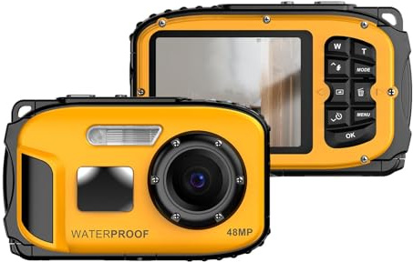 Mtlavishness Appareil Photo Etanche Numérique,Full HD 48MP Caméra sous-Marine Zoom Digital 16x Camera Etanche avec Double écran Caméra Autofocus Zoom Numérique pour Adolescents Élèves Débutants Jaune