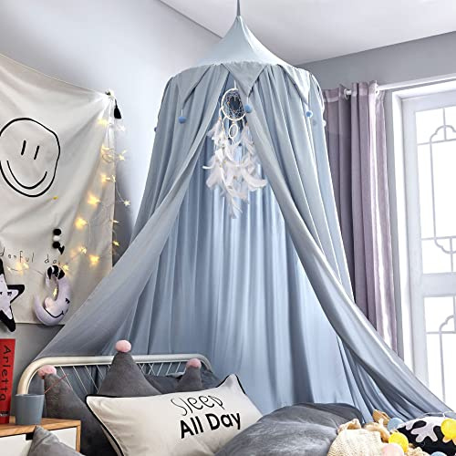 Betthimmel,doppelt,verdunkelnd,mit Ball,rundes Kuppel-Moskitonetz für Mädchen und Jungen,Kinderzimmer (blau)