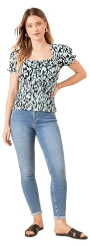 Dorothy Perkins Blue Leopard Shirred Detail Puff Sleeve Top, 14, Leopard