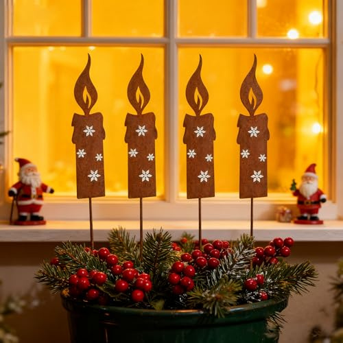 DOMIJOY Rostiges Kerzen Gartenstecker Weihnachten, 4er Set Weihnachtsdeko Roststecker, Rost Licht Metall Wetterfest, Draußen Gartenstecker, Gartendeko Rost Deko Baumstecker