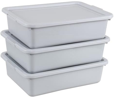 Waikhomes Commercial Bus Tub with Lid, 13L Plastic Storage Box, 3-Pack | Stackable Heavy-Duty Utility Tote for Restaurant Dishwashing, Catering, Home Organization, Gray