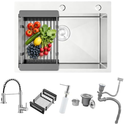 60 x 45 CM Evier Cuisine Inox 1 Bac avec Robinet Cuisine Ressort Spirale, Trous pour Robinets et Distributeur de Savon et panier télescopique, Argent