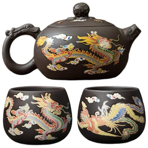 Peosaard Chinese Tea Set, Kung Fu Tea Set, Dragon and Phoenix Color-changing Chinese Includes 1 Purple Clay Teapot & 2 Teacups, Magical Teapot