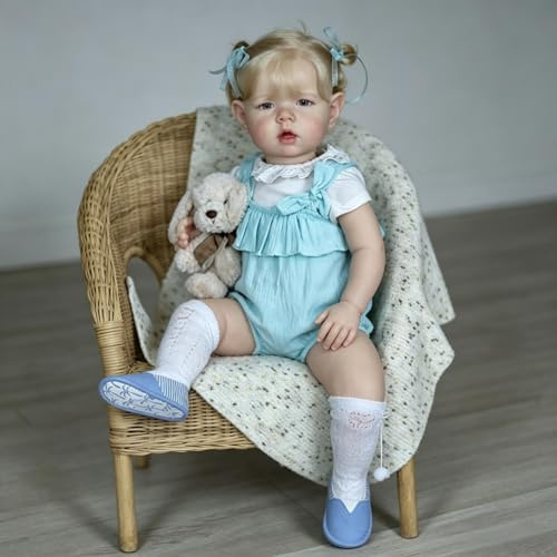 RXDOLL 70cm Riesige Größe Reborn Babypuppen Mädchen, Reborn Kleinkindpuppe mit Stoffkörper, Silikon Baby Puppe, Lebensechte Babypuppen mit Blonden Haaren, Originalgröße Toddler Mädchen