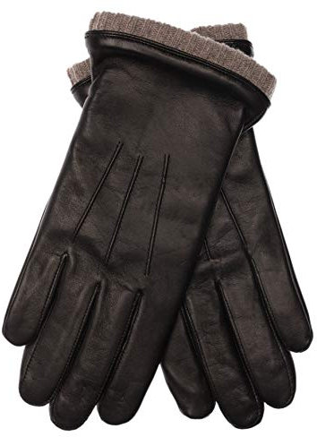 EEM Herren Lederhandschuhe, weiches italienisches Leder, Fleecefutter, Strickbündchen, schwarz/beige S