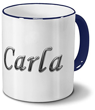 printplanet Tasse mit Namen Carla - Motiv Chrom-Schriftzug - Namenstasse, Kaffeebecher, Mug, Becher, Kaffeetasse - Farbe Blau