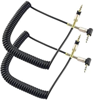 LiKuCo 2Pack 3.5mm Coiled Audio Cable Cord, 90 Degree Double Right Angle AUX Cable with Steel Spring Relief for Headphones, iPods, iPhones, iPads, Home/Car Stereos and More (2Pack)