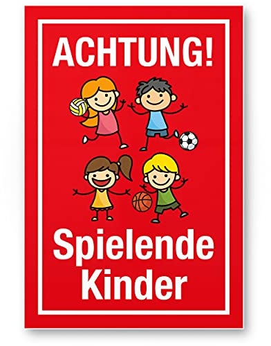 Komma Security Achtung Spielende Kinder Schild 20 x 30 cm Hinweisschild Warnzeichen Warnschild langsam fahren Warnung Hinweis Spielstraße Spielplatz - Vorsicht spielende Kinder