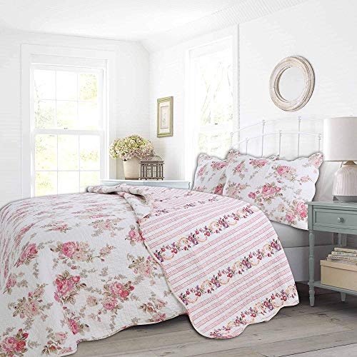 Cozy Line Home Fashions Parure de lit réversible 100 % coton - Motif pivoine rose romantique - 3 pièces