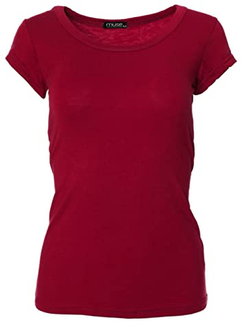 Easy Young Fashion - Damen Basic Rundhals T-Shirt - Kurzarm Unterziehshirt Skinny Fit 1001 - Dunkelrot S