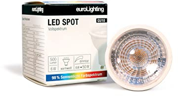 euroLighting LED Spot GU10 2700K, 6,5W WarmWeiss 650lm mit Sonnenlichtspektrum/Vollspektrum, 3 Step Dimmbar (AN = 100% / 1X = 40% / 2X = 15% / 3X = 100%)