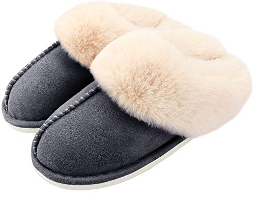 Auranso Ladies Slippers Fluffy Lined Warm Slippers Women Non Slip Cosy House Shoes for Indoor and Outdoor Deep Gray