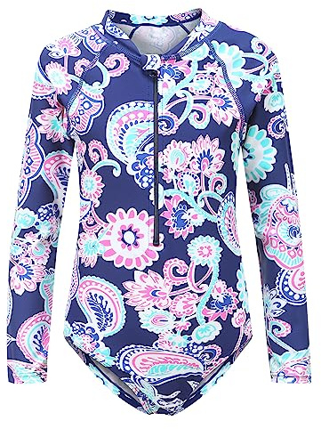 Moon Tree Girls Swimming Costume One Piece Swimsuits Long Sleeve Rash Guard Blue Age 7-8 Years
