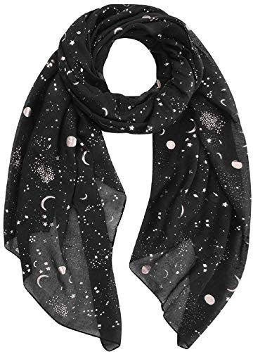 Tuopuda Femme Foulard Argent Étoile Feuille de Lune Paillette Imprimé Écharpe Foil Print Léger Doux Wraps Sparkly Châle Scintillante Scarf-180cm x 70cm-Noir (étoile dorée et lune)
