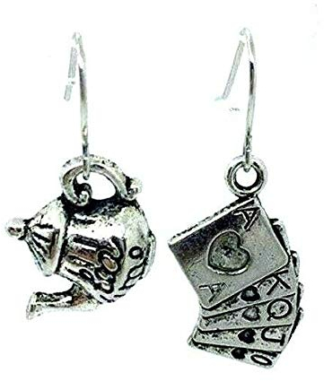 Alice Inspired Asymmetrical Earrings on Sterling Silver Hooks Mad Hatter Teapot & Playing Cards Poker Hand Tea Party Earrings