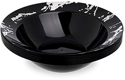 Pack of 10 Black and Silver Hard Plastic Reusable Plates ~ Marble Design Plastic Dinnerware-Ideal for Weddings and Parties. (10oz Bowls)