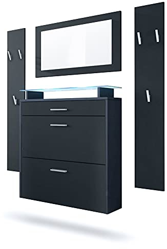 Vladon Garderobe Malea, Garderobenset bestehend aus 1 Hängeschuhschrank, 1 Wandspiegel und 2 Garderobenpaneele, Anthrazit matt/Schwarz matt, inkl. LED-Beleuchtung blau