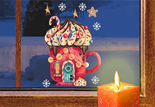 wolga-kreativ Fenster Fensterbilder Glasdekorfolie Motiv Fensterfolie Fenstertattoo Lebkuchen Tassenhaus Advent Aufkleber Fenster Küche wiederverwendbar
