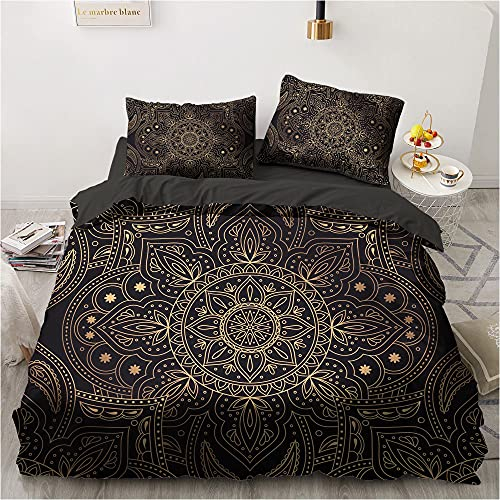 Luowei Boho Bettwäsche Set 200x200cm Schwarz Gold Indisch Böhmisches Mandala Exotisch Bettbezug und 2 Kopfkissenbezüge 80 x 80cm mit Reißverschluss