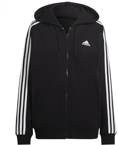 adidas Femme Essentials 3-Stripes French Terry Oversized Full-Zip Hoodie, Black/White, L