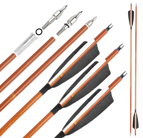 31 Zoll Carbonpfeil mit 4 Zoll Natürliche Feder 500 Jagdpfeile mit austauschbarer Pfeilspitze für Compound und Recurve-Bögen, 12/6 Stück (12 Stück, schwarz)