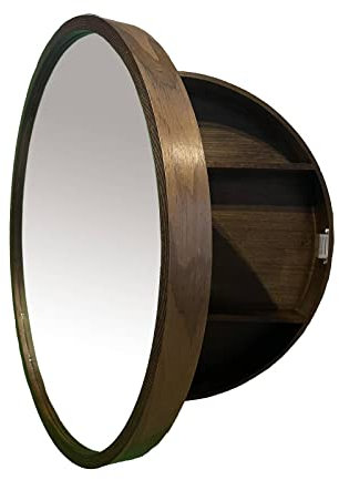 CHER-BUEATY Medizinschrank Badezimmer Runder Spiegel Massivholz Schrank Runde Wand Platzsparende Aufbewahrung Organizer Oberfläche Wandmontage für Zuhause Küche WC 48 cm x 48 cm (Walnuss)