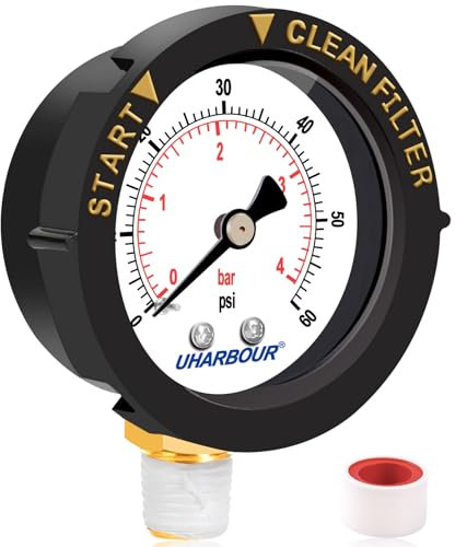 UHARBOUR 60psi Pool Filter Pressure Gauge, 2 Dial with Protection Case and 1/4NPT Center Bottom Mount, Pool Pressure Gauge for Swimming Pool Filter