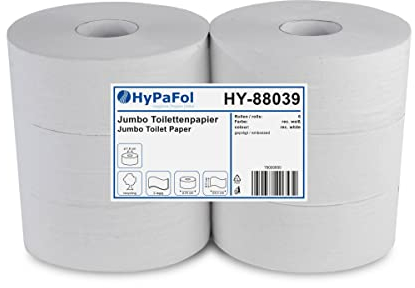 Hypafol Toilettenpapier, Jumbo Rolle, 2-lagig | extra große 6 Rollen (1130 Blatt pro Rolle) | Ø 25 cm (Kern 7,6 cm)| Recycling | geprägt| Stark, schnell auflöslich & stabil