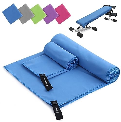 Mikrofaser Handtuch 2er Set | 180x60cm Groß Badetuch + 80x40cm Klein Hand Gesichtshandtuch | Schnelltrocknend Mikrofaser Handtücher, Sporthandtuch Fitnessstudio für Fitness Strand Gym (Blau)