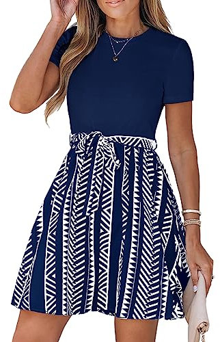CUPSHE Damen-Minikleid, Geo-Print, Gürtel, Kombikleid, kurze Ärmel, Rundhalsausschnitt, lässige Sommerkleider, A-Linie, Cocktail, Marineblau, S