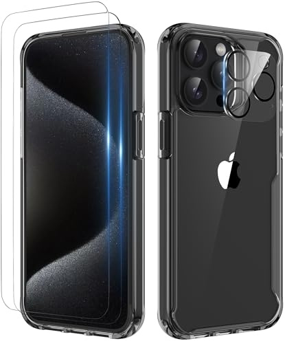ORETECH für iPhone 15 Pro Hülle mit 2 Schutzfolie, Schwarz | Kameraschutz, Militärschutz Stoßfeste Kratzfeste Transparent Rückseite Handyhülle für iPhone 15 Pro