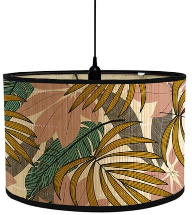 Morbuy Abat-Jour en Bambou, Motif Plante Floral Tropical, Diamètre 30cm Abat-Jour Tambour Rechange pour Lampe de Chevet, Lampe de Table, Lampadaire, Lampe de Plafond, Décorer (Feuilles Roses)