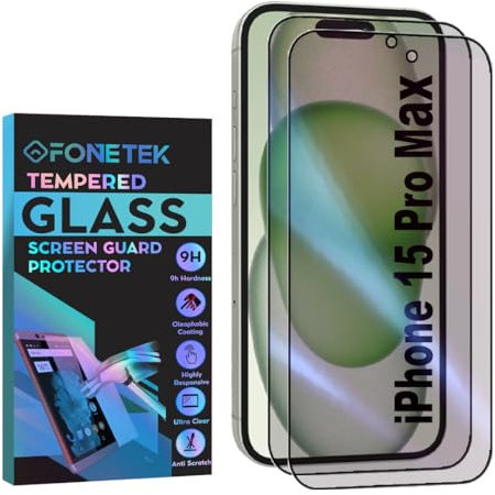 Fonetek, Pack of 2, for Apple iPhone 15 Pro Max, Anti-Spy Privacy Tempered Glass Screen Protector LCD Guard Case Cover