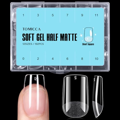 TOMICCA 192 Stück Künstliche Nageltips Gel Tips für Gelnägel Nagelspitzen Falsche Nagel, Halbmatt Kurze Quadrat Tips für Nägel Full Cover Nail Tips für Nagelstudios und DIY Nagelkunst - 12 Größen