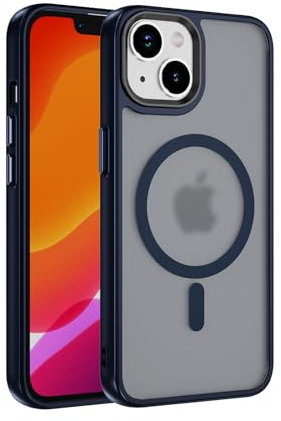 LBH Handyhülle magnetisch für iPhone 15 kompatibel mit MagSafe kabelloses Laden Sturzschutz Design erhöhter Rand Kameraschutz Schutzhülle transparente Rückseite Dunkelblau