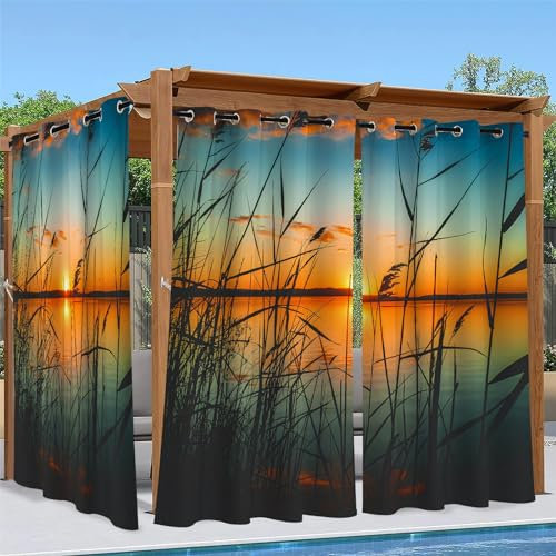 Sonnenuntergang Outdoor Vorhang Wetterfest, 3D Verdunkelungsvorhang Outdoor Vorhänge Wasserdicht Sonnenschutz Sichtschutz Outdoor Gardinen mit Ösen, 2 Stück 132 x 241 cm, Schilf-A