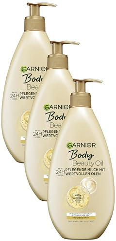 Garnier nährende Öl Milch/Körper Öl mit 4 wertvollen Ölen: Argan, Macadamia, Mandel, Rose, für trockene Haut- fettet nicht, klebt nicht, Oil Beauty, 3er Pack - 400ml