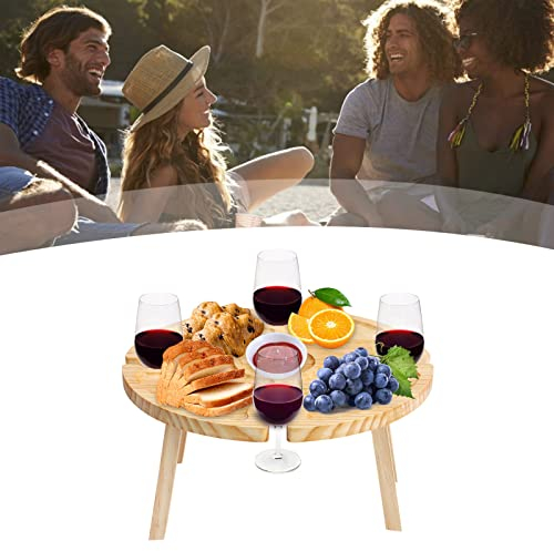 BLSYHDH Obst-Snack-Tisch, Klappbarer Picknicktisch aus Holz für Den Außenbereich mit Glashalter, Tragbarer Weinglasständer für Den Schreibtisch, Snack-Tablett für Park, Camping, Strand(#1)