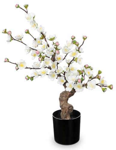 Arborus Fiori di ciliegio artificiali in vaso nero, 44 cm, bonsai artificiale, pianta da interni, pianta alta finta di prugna bianca, pianta floreale finta per casa, tavolo, ufficio, camera da letto