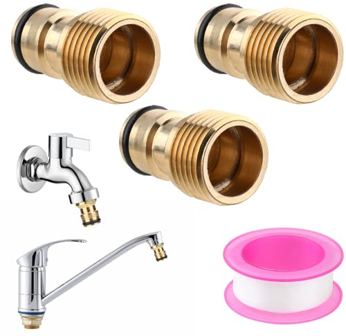 Molain Wasserhahn Adapter Gartenschlauch, 3Stück Universal Wasserhahnanschluss für Mischbatterie, Wasserhahn Adapter Set mit PTFE Dichtband 6M Außengewinde Hahnverbinder für Garten Küche Waschmaschine