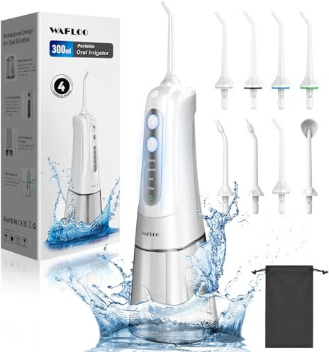 WAFLOO Water Flosser for Teeth Cordless: Oral Irrigator 8 Jet Tips 4 Modes Portable, 300ML Tank USB Rechargeable IPX7 Waterproof Water Flossing for Adults Teeth Cleaning Home and Travel
