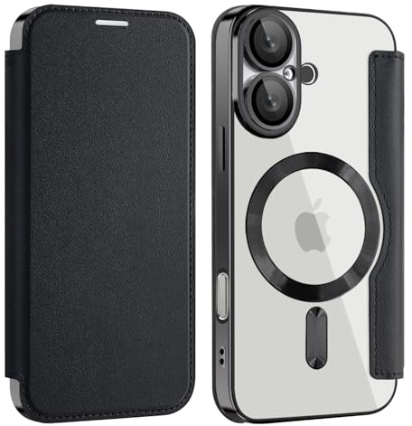 ZQYFCDZ Magnetische Hülle für iPhone 16 Kompatibel mit MagSafe, PU-Leder Flip Portemonnaie mit Kartensteckplatz, Transparente Handyhülle für iPhone 16, Schwarz