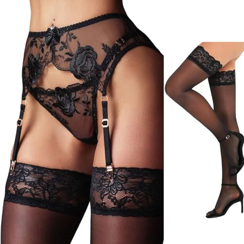 ROSVAJFY Lace Suspenders and Stockings Set for Women Sexy Flower Embroidery Garter Belt wit 4 Adjustable Straps See-Through Lingerie Garters with Thong G-String S-XL